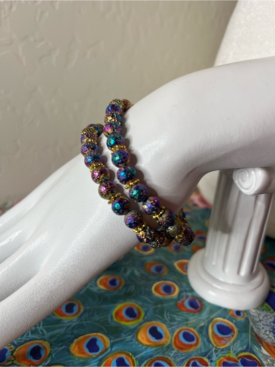 Handmade Jewelry - Rainbow Druzy Bracelet & Earrings Set Gold Accents Handmade Sparkle Jewelry
